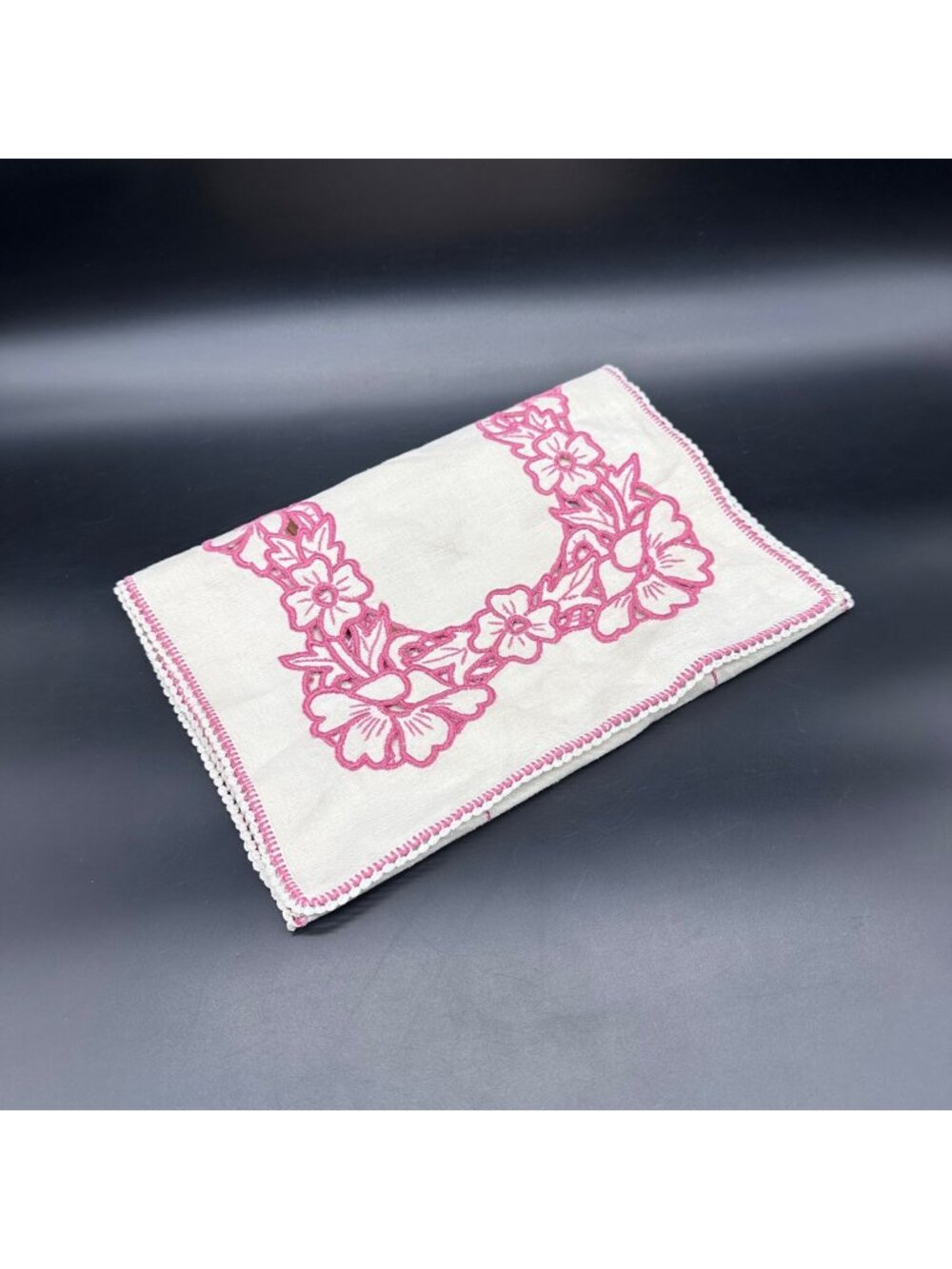 Vintage Floral Table Runner Embroidered White Pink Rectangular Flowers Cottage